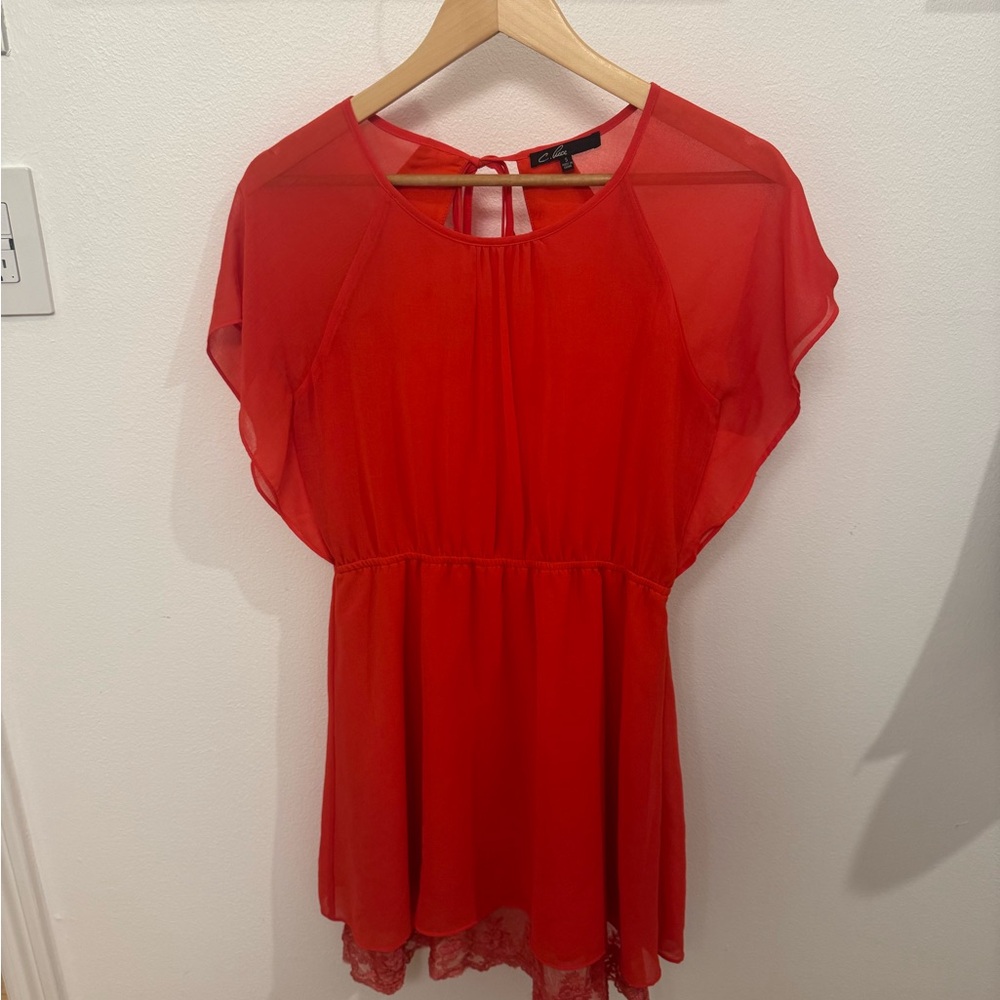 C. Luce Coral Open Back Dress with Lace Detailing